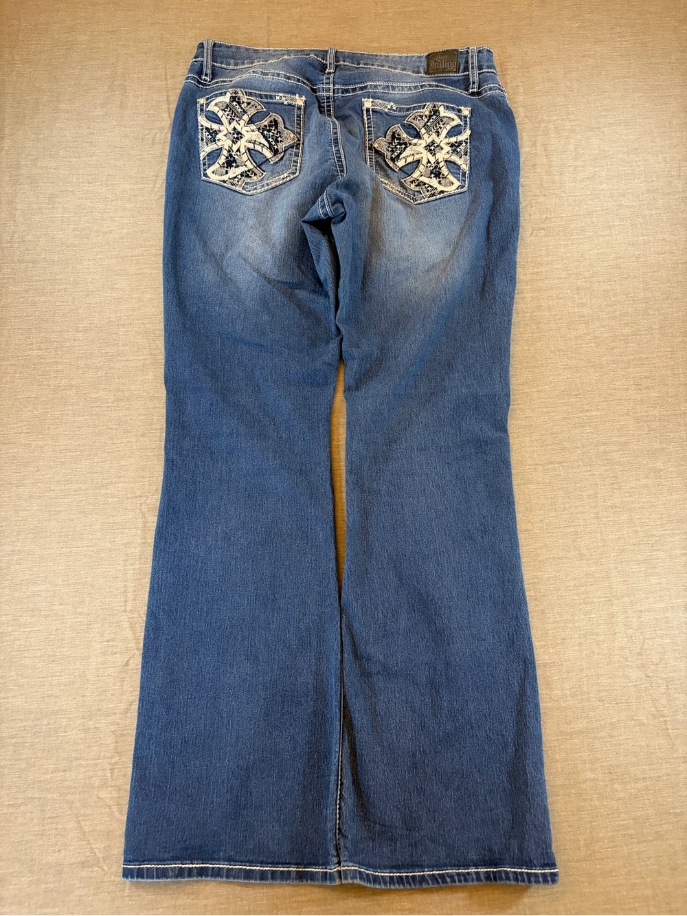 Love Indigo Baggy Bootcut Jeans Embroidered Cross Size 14 Grunge 34x31 Dark